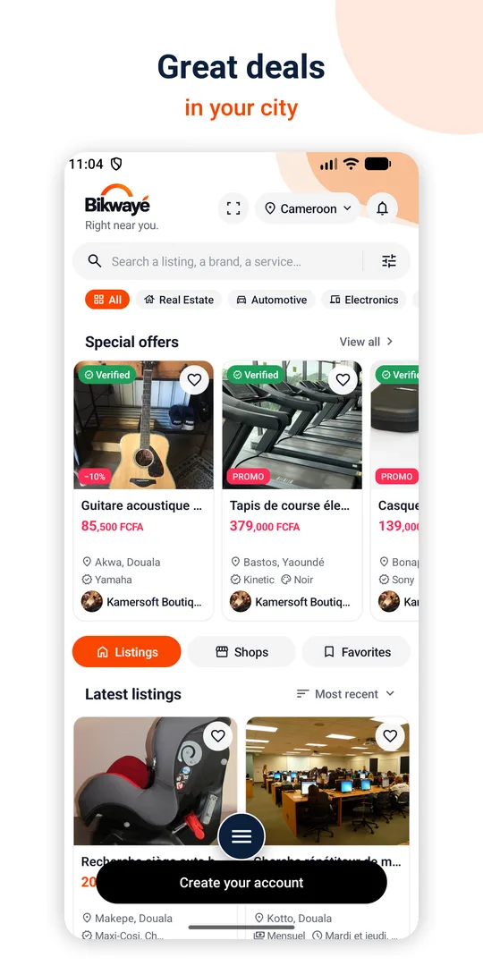 Bikwayé’s home screen: special offers and latest listings