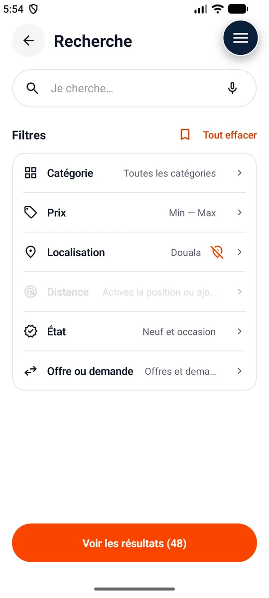 Recherche — Catégorie, prix, ville, distance, état.