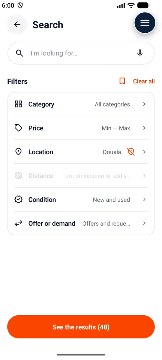 Search — Category, price, city, distance, condition.