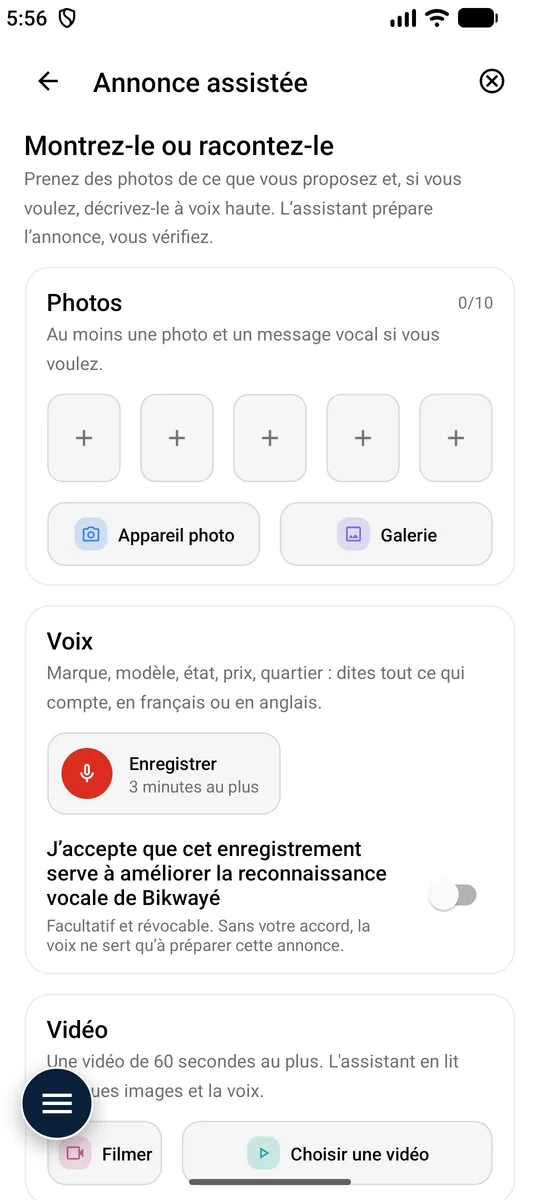 Annonce assistée — Photos, voix ou vidéo : l’assistant prépare l’annonce.