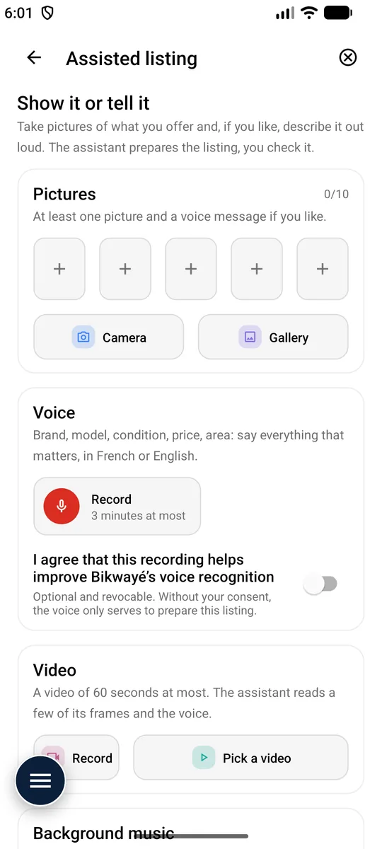 Assisted listing — Photos, voice or video: the assistant prepares the listing.