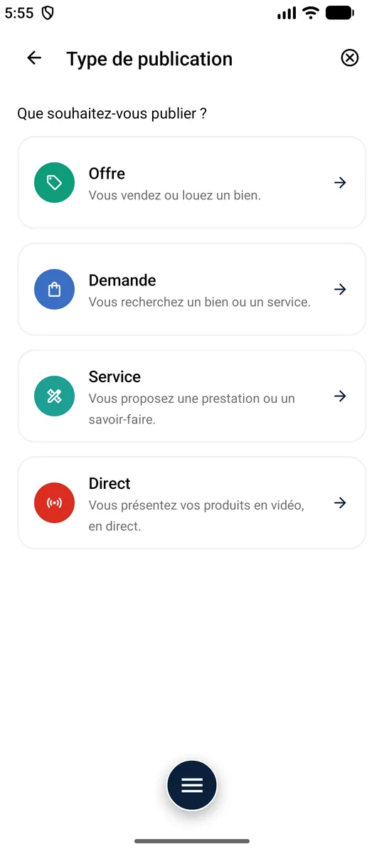 Que publier ? — Une offre, une demande, un service ou un direct.