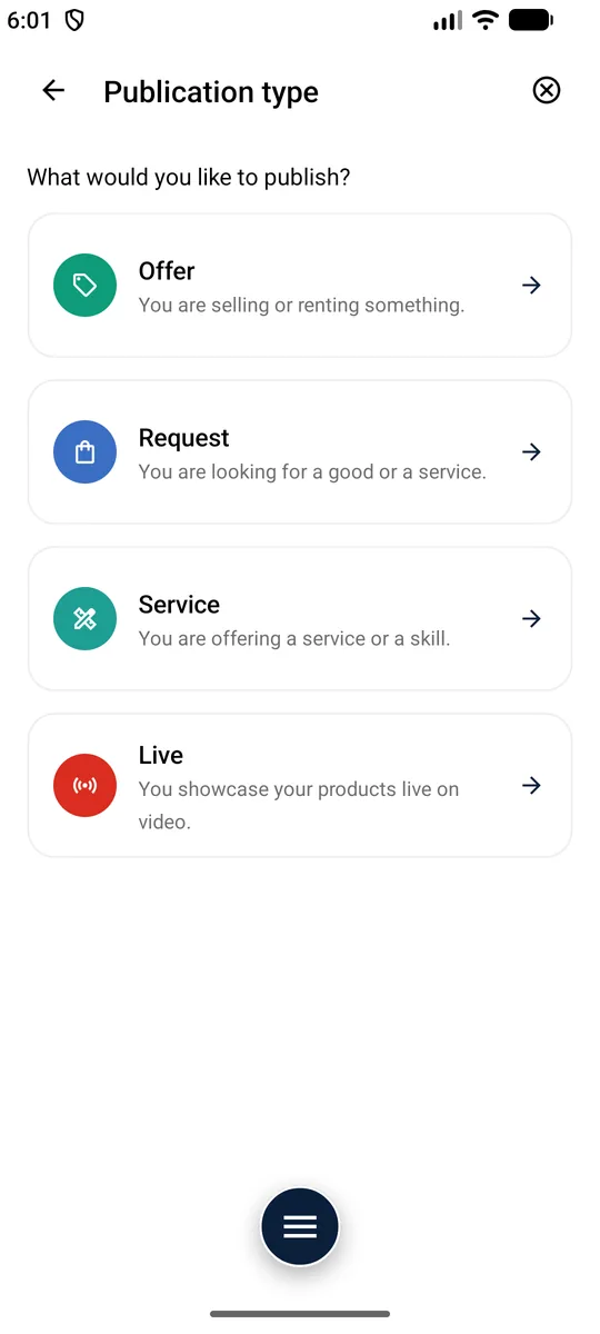 What to publish? — An offer, a request, a service or a live session.
