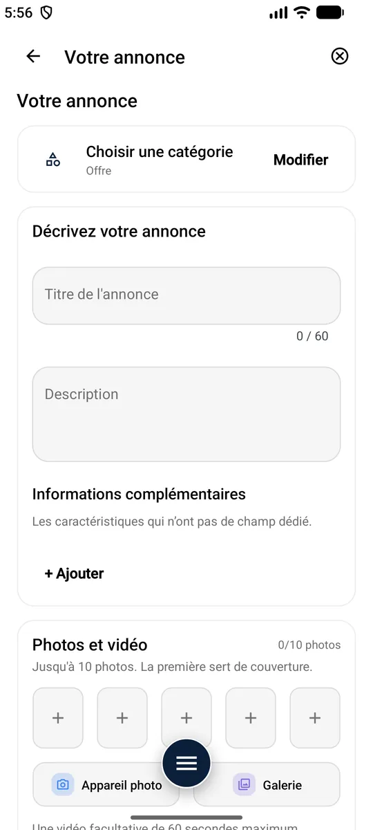 Saisie manuelle — Catégorie, prix, lieu, caractéristiques.