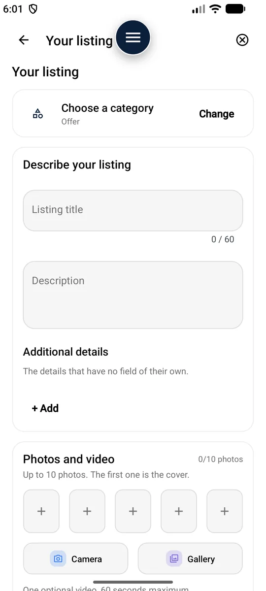 Manual entry — Category, price, place, characteristics.