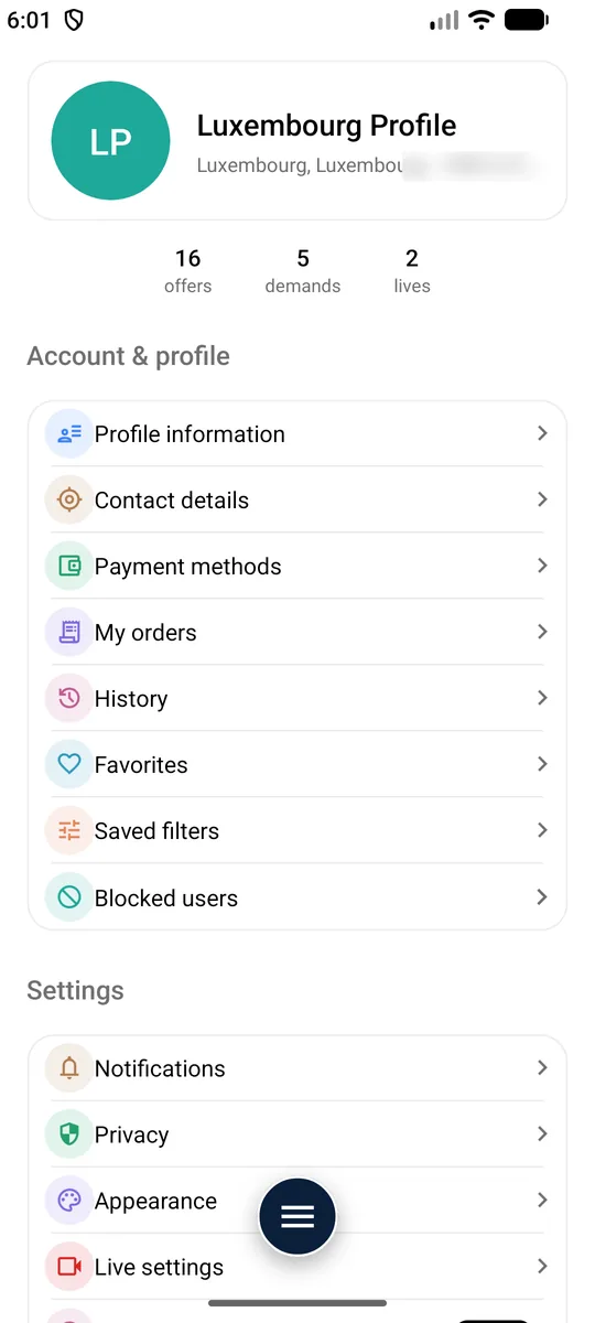 The profile — Listings, followers, menus.