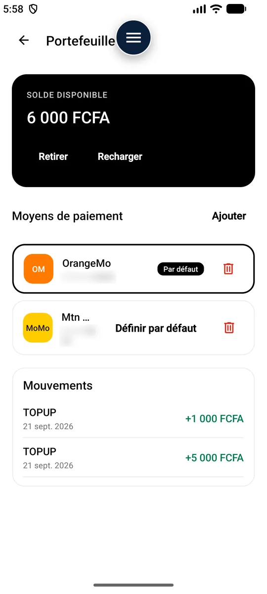 Portefeuille — Solde, mouvements, moyens de paiement.