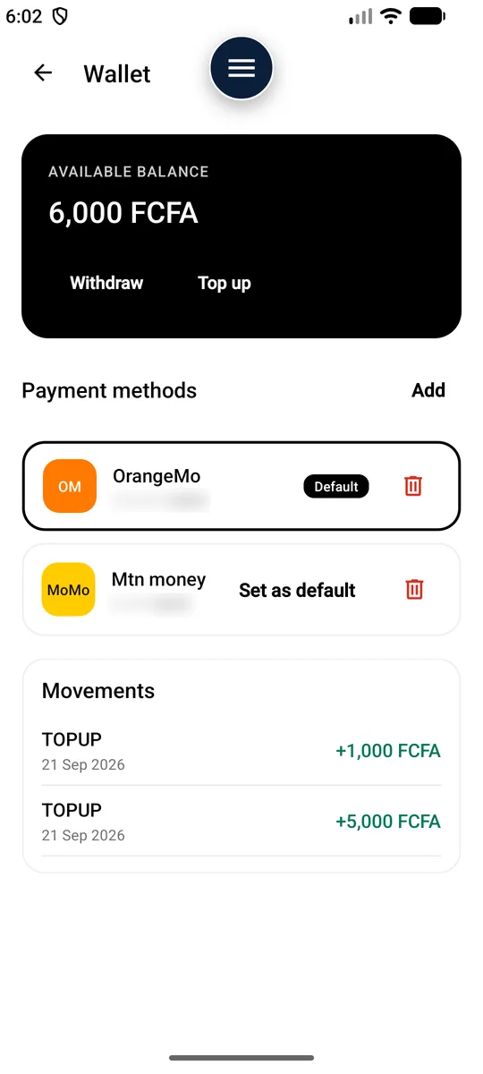 Wallet — Balance, transactions, payment methods.